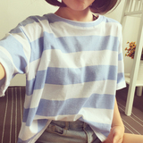2016夏季韩版宽蓝色条纹t恤女圆领短袖学生宽松显瘦简约百搭上衣