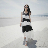 韩版夏季新款气质宽松大码黑白条纹无袖连衣裙海边度假大摆长裙女
