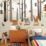 复古卡通小动物墙纸 卧室游乐园满铺定制儿童房壁纸 手绘树林壁画