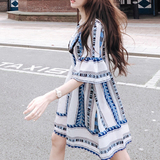 2016韩国夏装新款民族风条纹喇叭袖流苏系带棉麻娃娃衫连衣裙