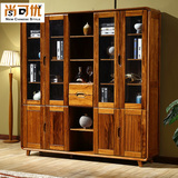 新中式五门书柜全实木带玻璃门简约储物柜现代乌金木书房家具酒柜