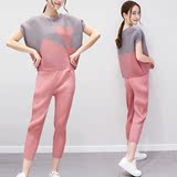 2016夏季新款女装韩版褶皱两件套上衣九分裤宽松蝙蝠袖时尚套装女