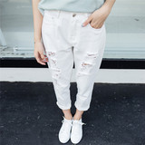 韩国夏季白色九分破洞牛仔裤女 宽松薄款高腰显瘦bf简约哈伦裤