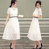 夏季韩国新款小清新连衣裙女版短袖中长款蕾丝镂空气质修身A字裙