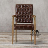 美式橡木拉扣实木做旧软包PU餐椅法式皮艺带扶手复古单人布艺围椅