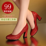 红色高跟鞋浅口粗跟亮片布面女单鞋中跟圆头婚鞋新娘鞋金色演出鞋