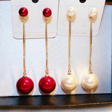 韩国大小珍珠长款耳环女气质耳坠新娘红色饰品时尚复古耳饰防过敏
