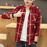 夏季青少年男中学生韩版潮流长袖格子衬衫寸衫衬衣服外套薄款夏天