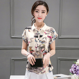 新款夏季韩版女士印花雪纺衬衣短袖修身t恤大码女装打底衫上衣服