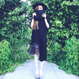 「HoneyCC」夏装独家定制韩版气质时尚显瘦T恤拼接黑色蕾丝连衣裙