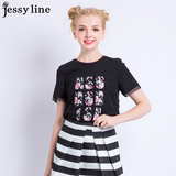 jessy line2016春装新款 杰茜莱百搭字母印花拼接黑色短袖T恤 女