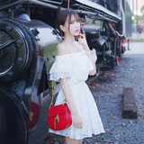 夏季韩版性感一字领露肩白色蕾丝仙女连衣裙荷叶边甜美公主短裙子