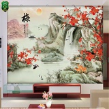 大型壁画中式整张梅花山水瀑布水墨风景画客厅沙发电视背景墙纸