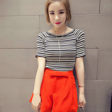 夏季贴身T恤女大领口紧身短款高腰夏黑白细条纹韩国冰丝针织短袖