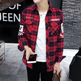 2016秋季新款青少年薄款衬衣潮男格子字母印花修身韩版长袖衬衫