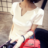 夏季v领纯白色T恤女短袖纯棉纯色韩版紧身上衣修身学生半袖打底衫