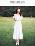 夏季新款韩版荷叶边长裙白色短袖长款雪纺连衣裙露肩沙滩裙子