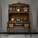 欧式奢华实木书桌书架组合 棕色书房家具 法式定制 手工书桌 书椅