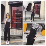 2016夏装新款  韩国学院风条纹短袖T恤+背带阔腿裤两件套装女学生