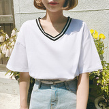 2016夏装新款条纹V领学生短袖T恤女韩版宽松纯色BF原宿风半袖t恤