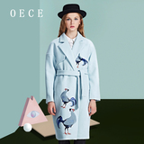 Oece2015冬装新款女装 刺绣毛呢外套女中长款呢大衣冬154FJ099