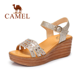 骆驼女鞋 2016夏季女士坡跟凉鞋 水钻罗马露趾防水台高跟凉鞋女