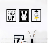 北欧童品ins框画兔子伞雨滴背景黑白色图案墙贴纸创意儿童房装饰