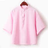 2016夏季韩版学院风小清新立领衬衫宽松五分蝙蝠袖上衣1503