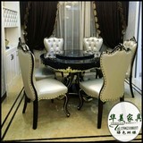 欧式圆桌新古典实木餐桌椅组合简约大理石餐台别墅6人带转盘饭桌