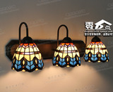 蒂凡尼欧式地中海风格3头凤尾卧室床头彩色玻璃镜前铁艺个性灯具