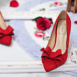 蝴蝶结高跟鞋细跟尖头 红色婚鞋新娘婚礼小码32 33大码女鞋40-43