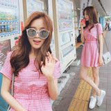 韩国新款韩版女装学院风短袖格子连衣裙收腰少女棉中裙夏学生显瘦