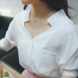 2016夏季新款韩版雪纺ol不透宽松显瘦七分袖v领口袋白衬衫女潮