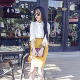 2016夏季韩版新款女装翻领修身长袖雪纺白衬衫镂空蕾丝性感衬衣潮