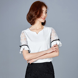 女夏t恤2016新款韩版修身上衣服雪纺衫短袖打底衫短款百搭蕾丝衫