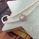 5.5-6mm淡水珍珠项链 衬衣链 韩国水晶锆石花朵扣 包邮