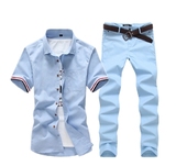 2016夏季男装青少年韩版修身短袖衬衫长裤学生休闲薄款套装男大码