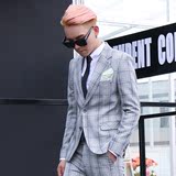 popfashion GD同款西服套装男士韩版修身格子长袖西装男英伦风潮