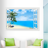3D立体窗户 海边椰树招海鸥 清新海景壁画卧室床头风景墙贴纸B377