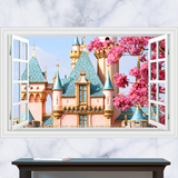 3D立体窗户迪士尼蓝色城堡 幼儿园墙贴卧室儿童房风景壁画壁纸