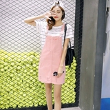 韩版学院风白色宽松黑色吊带粉色牛仔背带裙连衣裙白色中短裙破洞