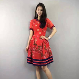 欧洲潮站2016夏季女士中国风圆领短袖连衣裙中红色裙子女花朵图案