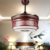 中式隐形吊扇灯 红木色古典复古风扇灯客厅餐厅卧室LED带灯风扇