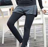 跑步健身瑜伽服套装速干假两件运动裤女紧身加绒打底九分长裤