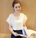 2016夏季新款韩版甜美白色短袖T恤上衣女大码宽松百搭绣花雪纺衫