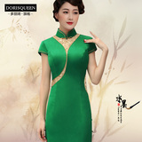 多丽琦旗袍长款复古修身显瘦绿色中式短袖改良大码优雅旗袍裙女夏