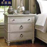 美式实木床头柜法式仿古白做旧床边柜抽屉储物柜三斗柜橡木家具