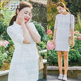 2016夏季新款韩国女装纯色蕾丝拼接百搭少女娃娃领打底短袖连衣裙