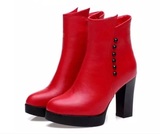 秋冬新款红色真皮加绒短靴厚底粗跟防水台高跟马丁靴