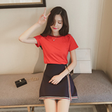 2016夏天韩版新款学生短袖T恤圆领纯色宽松女上衣女装两件套套装